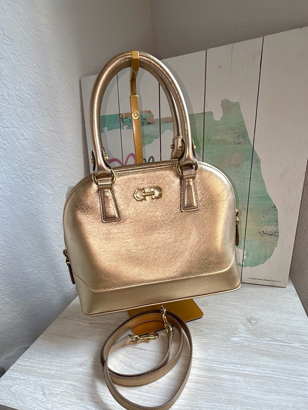 Stunning SALVATORE FERRAGAMO
Gold Saffiano Leather Darina Mini Dome Satchel Bag